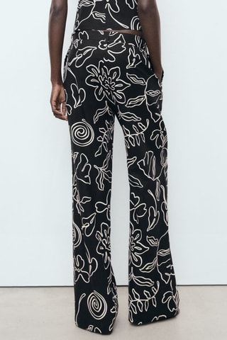Pantalon lin mélangé imprimé à fleurs - Noir
