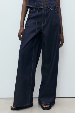 Pantalon denim wideleg ceinture - Bleu