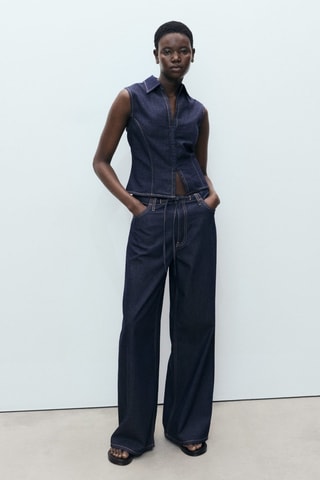 Pantalon denim wideleg ceinture - Bleu