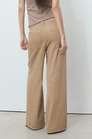 Pantalón denim wide leg cinturón - Beige