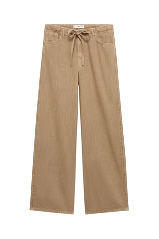 Pantalón denim wide leg cinturón - Beige