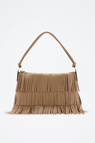 Grand sac porté épaule cuir à franges - Beige