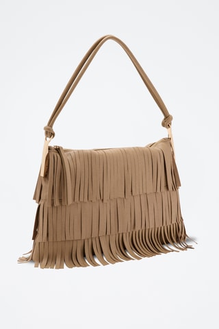 Grand sac porté épaule cuir à franges - Beige