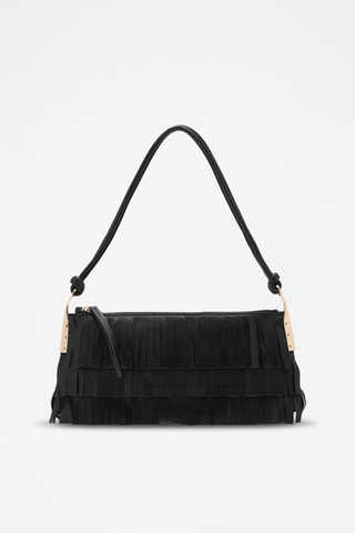 Sac porté épaule cuir à franges - Noir