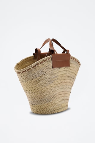Grand sac cabas en fibre naturelle anse cuir - Marron