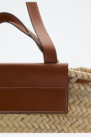 Grand sac cabas en fibre naturelle anse cuir - Marron
