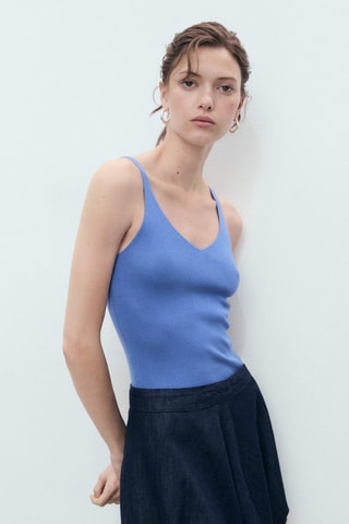 Top maille col V - Bleu
