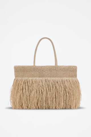 Sac cabas fibre naturelle à franges - Beige