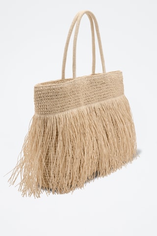Sac cabas fibre naturelle à franges - Beige