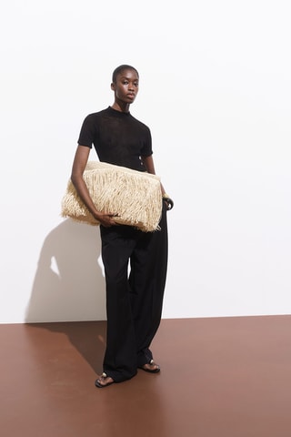 Sac cabas fibre naturelle à franges - Beige