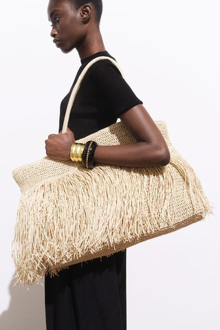 Sac cabas fibre naturelle à franges - Beige