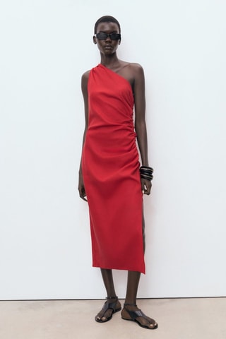 Robe lyocell décolleté asymétrique - Rouge