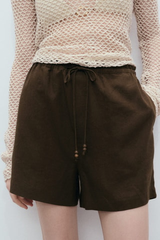 Short droit lin avec cordon - Kaki