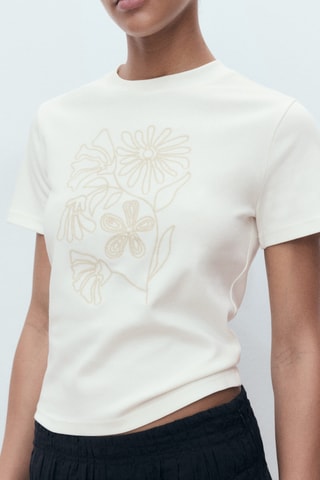 T-shirt coton broderie à fleurs - Blanc