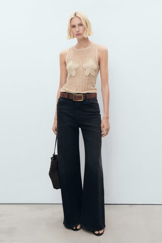 Top en crochet brodé à fleurs - Gris