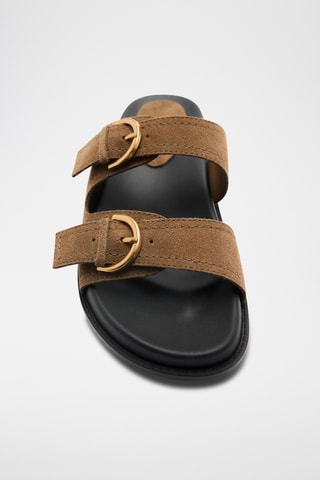 Sandales plates en cuir à boucles - Kaki