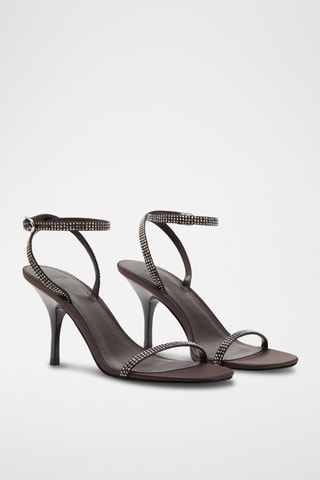 Sandales talon lanière strass - Marron