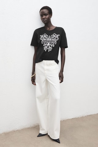 T-shirt coton broderie à fleurs - Noir