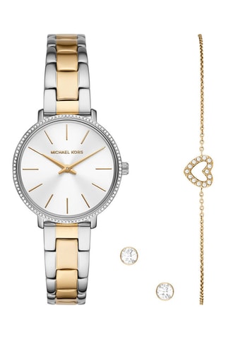 Estuche reloj de cuarzo de acero, pulsera y dormilonas - Dorado y plateado