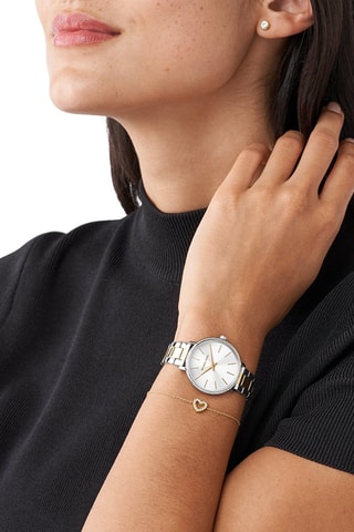 Estuche reloj de cuarzo de acero, pulsera y dormilonas - Dorado y plateado