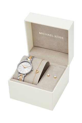 Estuche reloj de cuarzo de acero, pulsera y dormilonas - Dorado y plateado