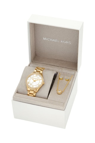 Estuche reloj de cuarzo de acero, collar y dormilonas - Dorado y blanco