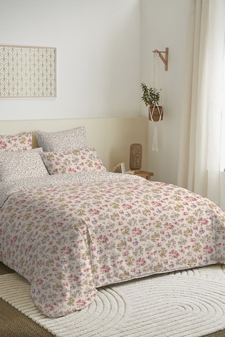 Pack parure de couette réversible en coton 57 fils/cm² - Beige et rose
