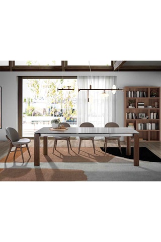 Mesa de refeição extensível em porcelana e madeira placada a nogueira. - 180/235 x 90 x 75 cm