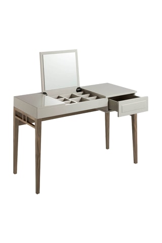 Coiffeuse avec miroir rabattable et boîte à bijoux 1 tiroir en bois plaqué noyer - 120 x 76 x 50 cm