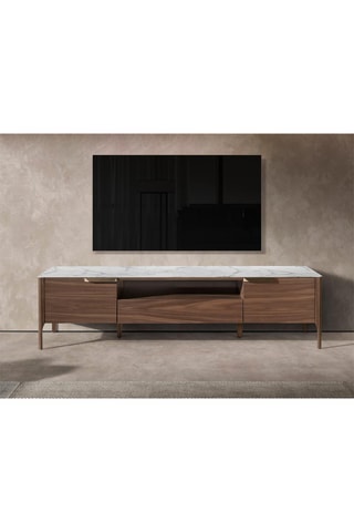 Meuble TV 2 portes en noyer et verre - 180 x 45 x 50 cm