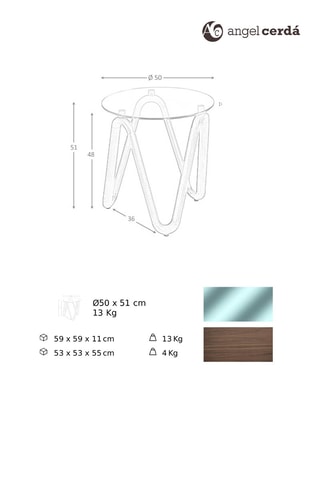 Table basse en noyer et verre - 50 x 51 cm