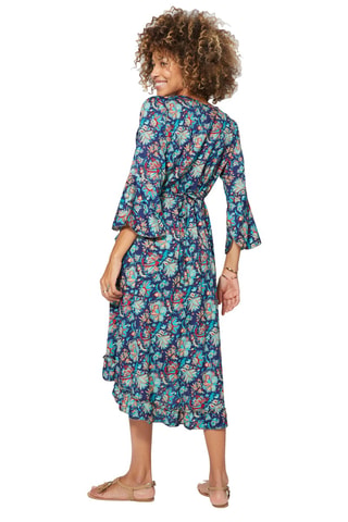 Vestido cruzado - Azul, beige y rojo