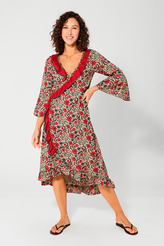 Vestido cruzado - Beige, rojo y verde