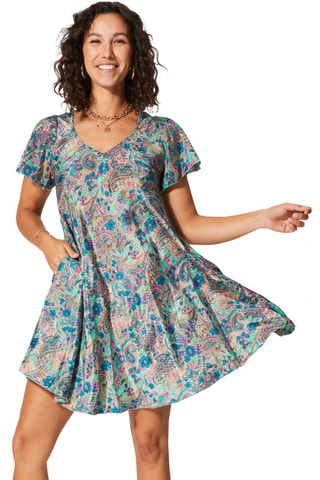 Trapeziumjurk - Grijs, turquoise en blauw