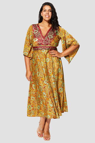 Vestido evasé midi - Dorado, naranja y burdeos