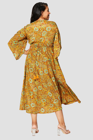Vestido evasé midi - Dorado, naranja y burdeos