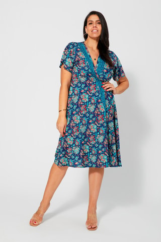 Vestido cruzado - Beige, rojo y azul