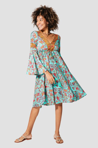 Midi-jurk - Turquoise, roze en geel