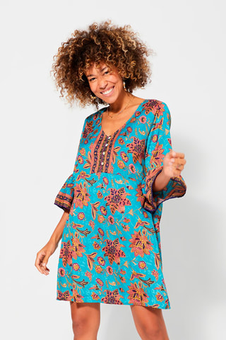 Trapeziumjurk - Blauw, bruin en roze