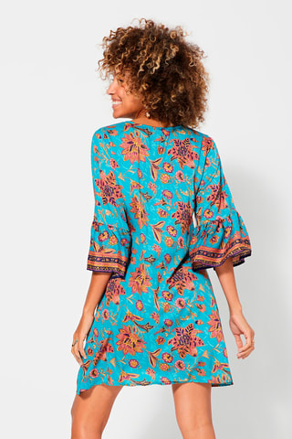 Trapeziumjurk - Blauw, bruin en roze