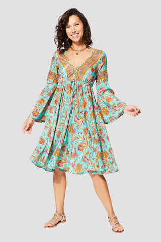 Lange jurk - Wit, blauw en groen