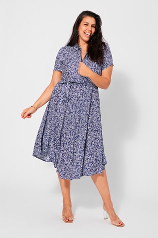 Vestido midi de flores - Blanco y azul