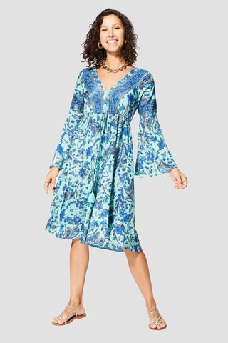 Vestido evasé - Blanco, negro y azul