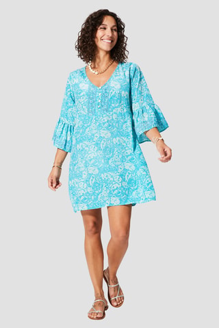 Trapezium Jurk - Turquoise en wit