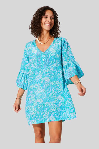 Trapezium Jurk - Turquoise en wit