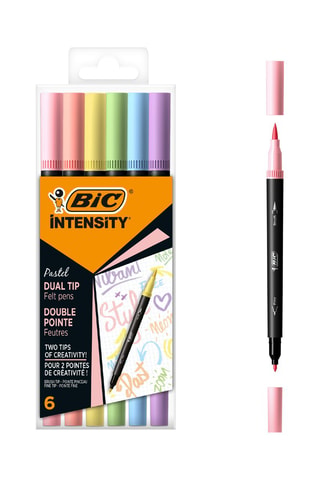 BIC Intensity Dual Tip Stylos Feutres de Coloriage Pastel à Double Pointe Pinceau Flexible et Fine (0,7 mm) - Couleurs Assorties, Pack de 6