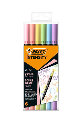 BIC Intensity Dual Tip Stylos Feutres de Coloriage Pastel à Double Pointe Pinceau Flexible et Fine (0,7 mm) - Couleurs Assorties, Pack de 6