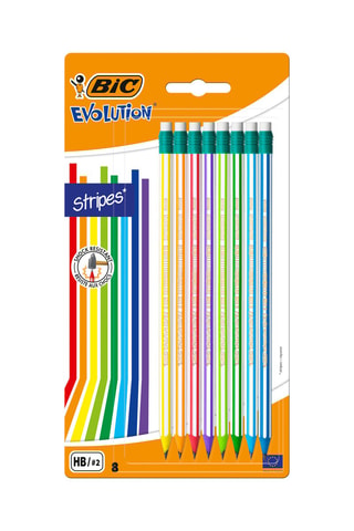 2 x 8 BIC Evolution Stripes avec Gomme Crayons à Papier HB avec Gomme Intégrée - Couleurs Assorties, Blister de 8