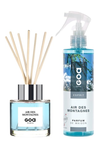 Ambientador de varillas Goatier - Air des montagnes - 200 ml y ambientador con vaporizador Esprit - Air des montagnes - 250 ml + 7 varillas de ratán