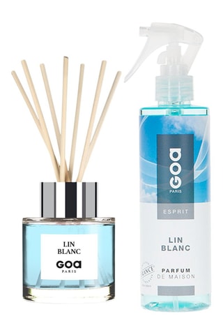 Ambientador de varillas Goatier - Lin blanc - 200 ml y ambientador con vaporizador - Lin blanc - 250 ml + 7 varillas de ratán